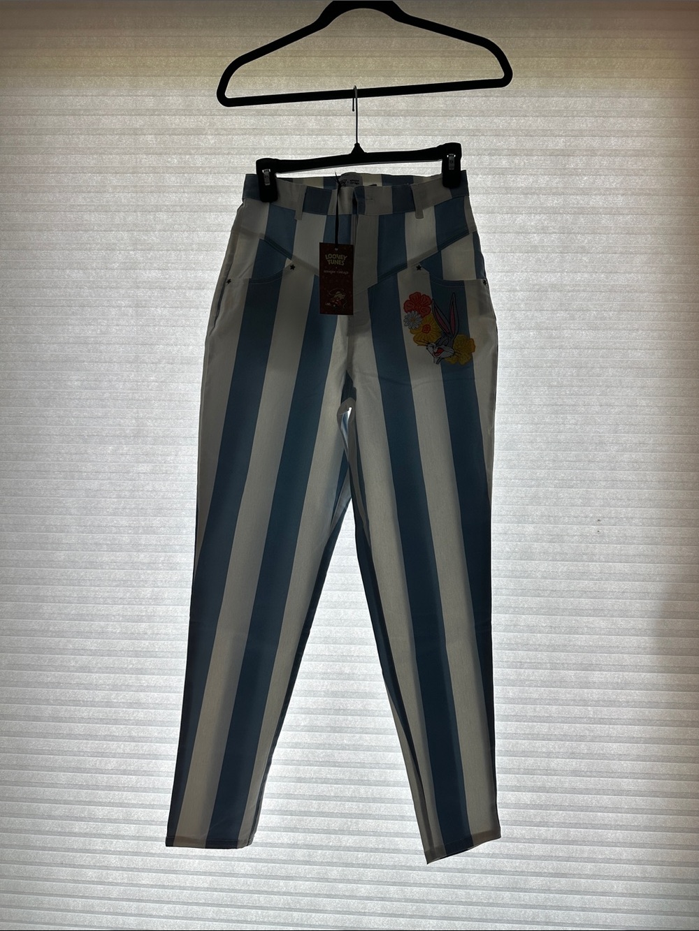 Warner Bros. High-Rise Striped Jeans in Blue and White with Embroidered Patch